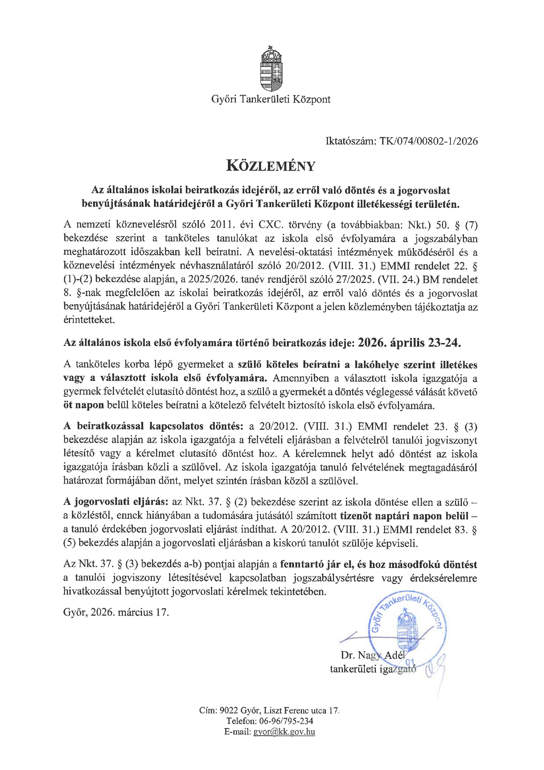 Gyori TK Kozlemeny elsos beiratkozas 2 1