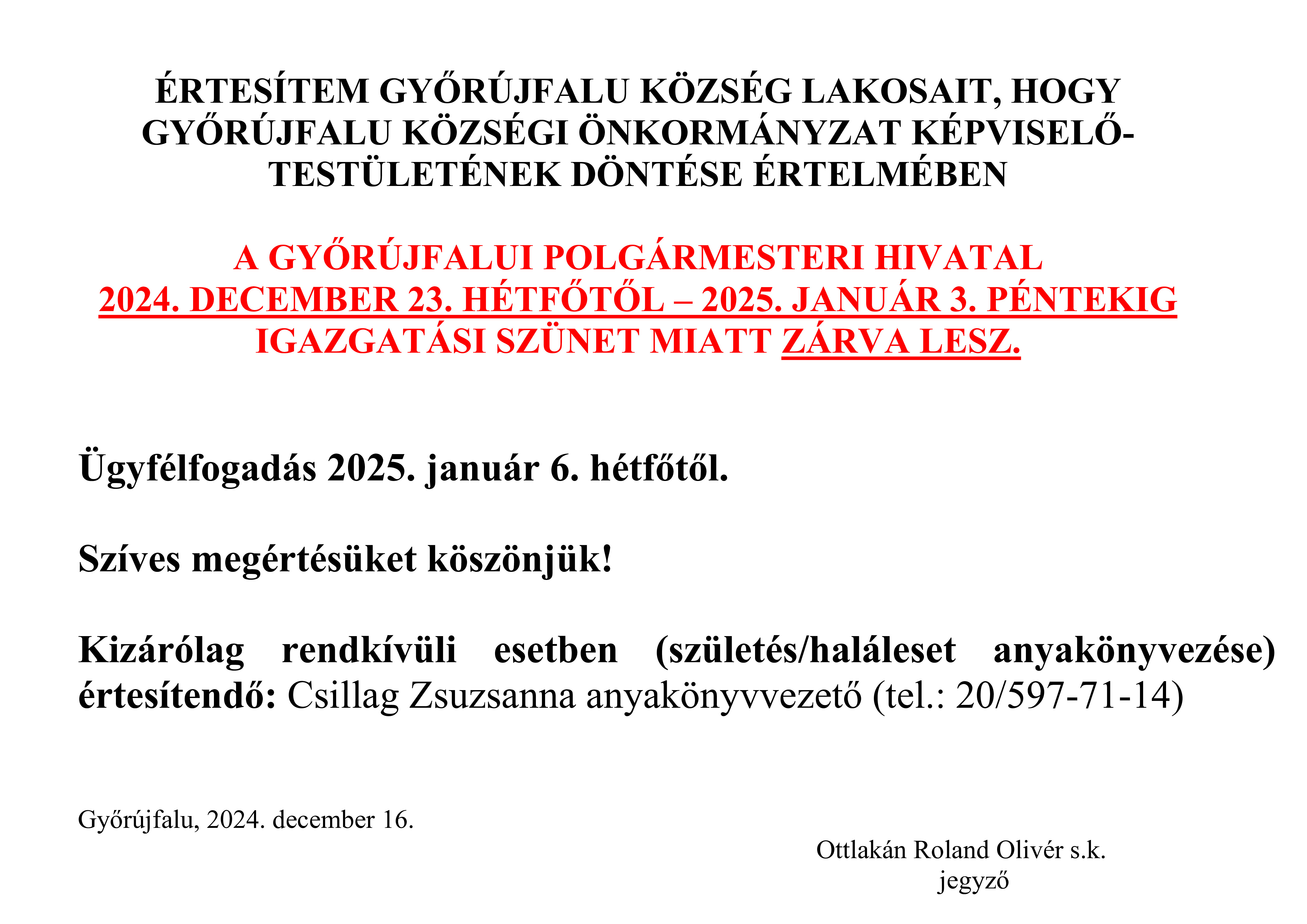 HIRDETMÉNY IGAZGATÁSI SZÜNET Karácsony2024