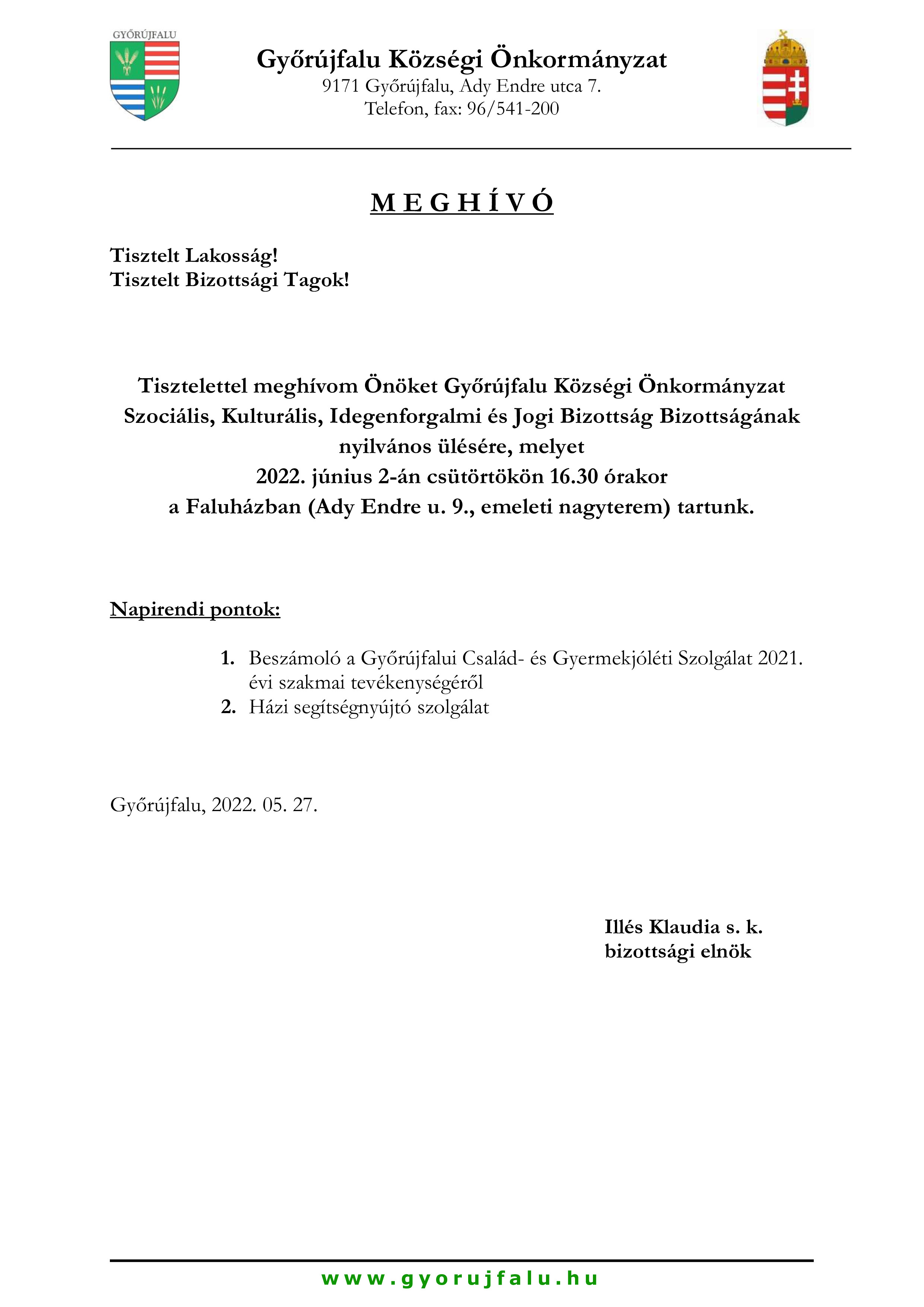 Meghívó Szocilális Bizottság nyilvános20220602