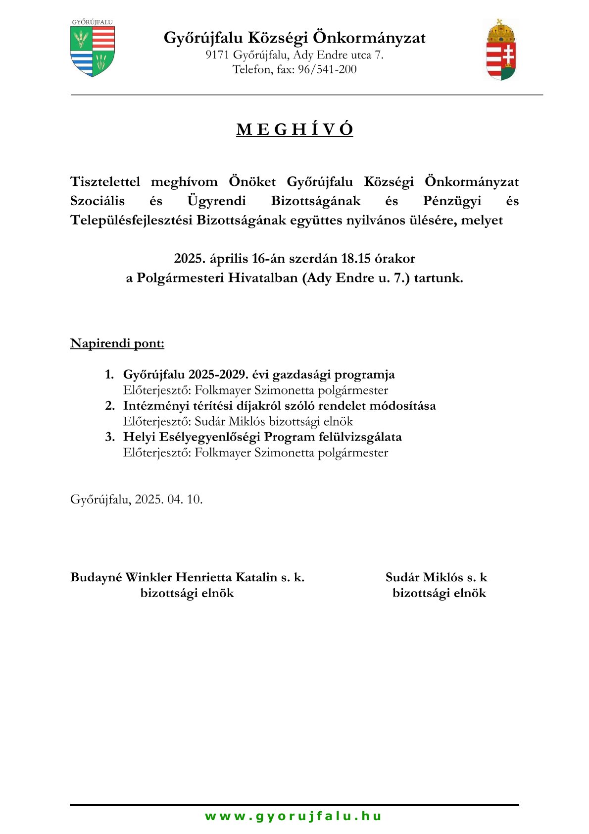 Meghívó Szocilális Bizottság és Pénzügyi Bizottság 04