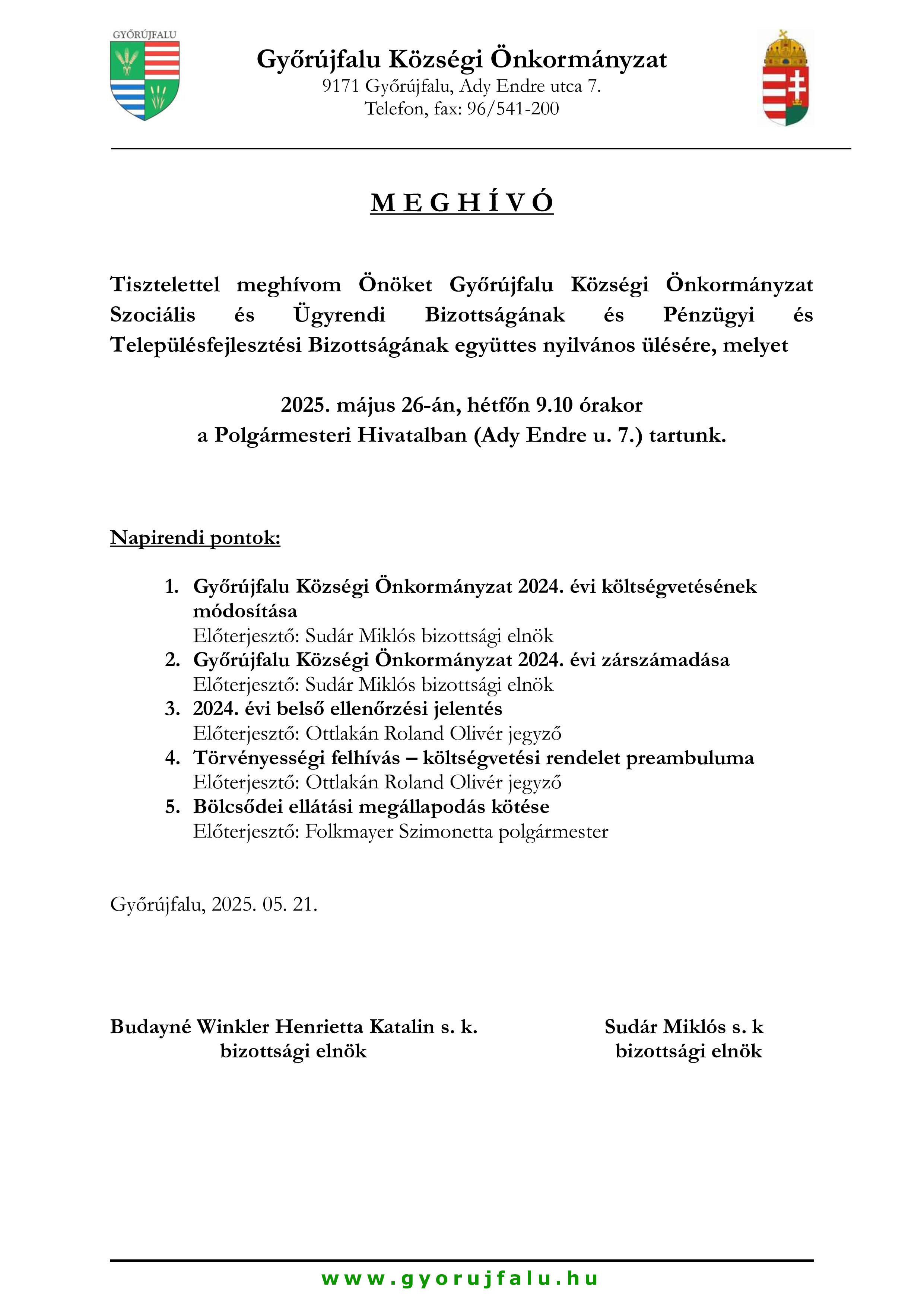 Meghívó Szocilális Bizottság és Pénzügyi Bizottság nyilvános