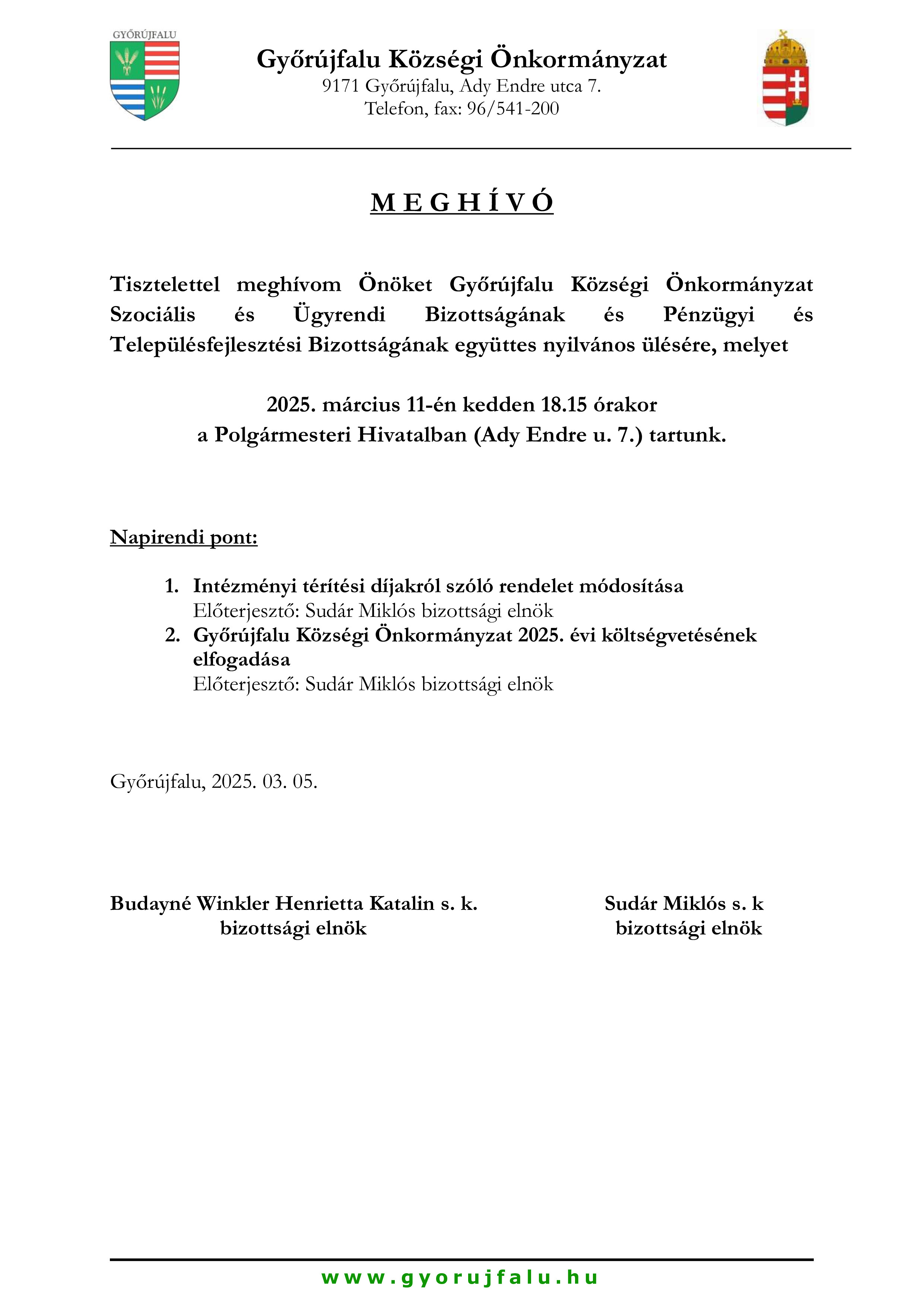 Meghívó Szocilális Bizottság és Pénzügyi Bizottság nyilvános20250311