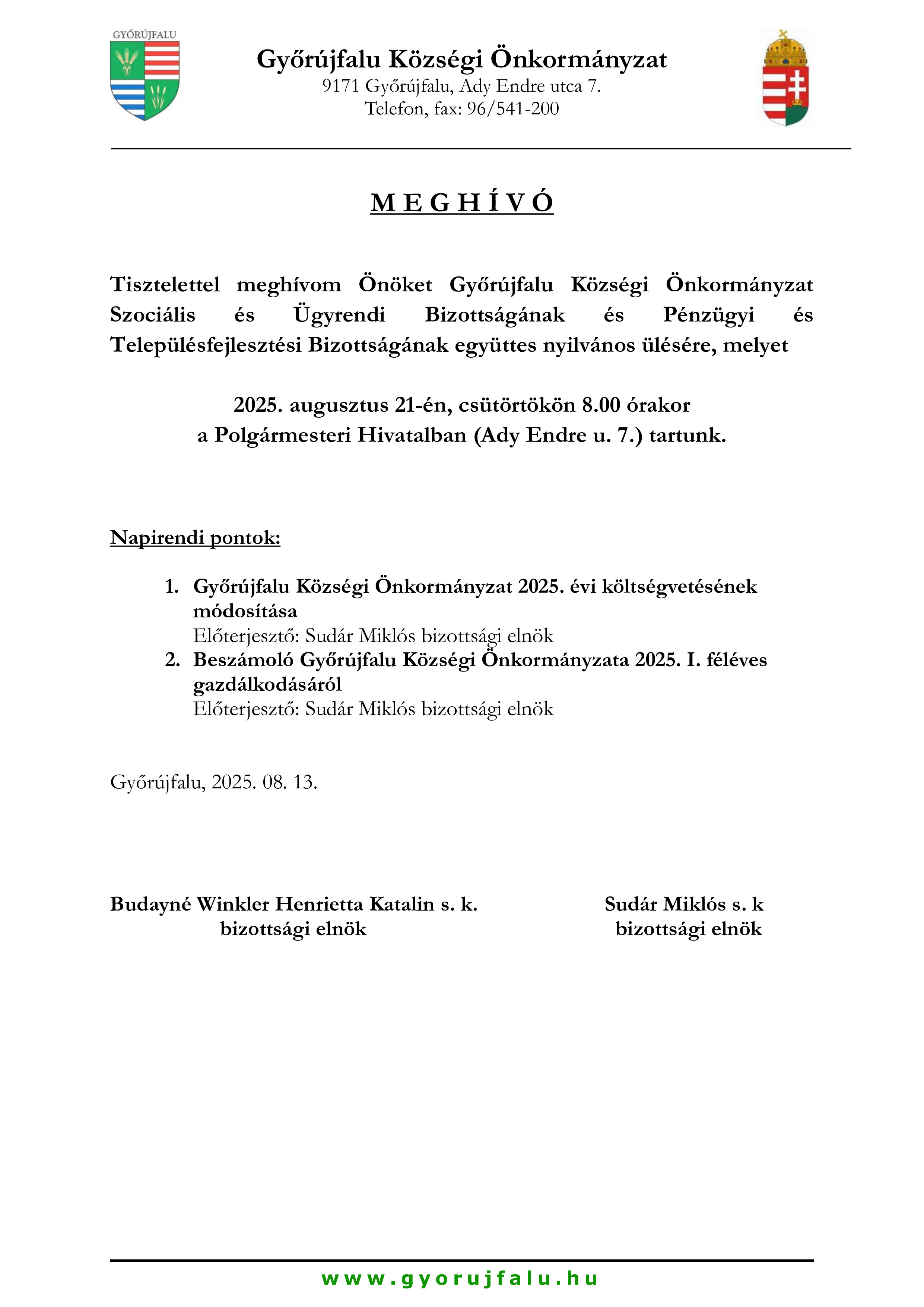 Meghívó Szocilális Bizottság és Pénzügyi Bizottság nyilvános copy