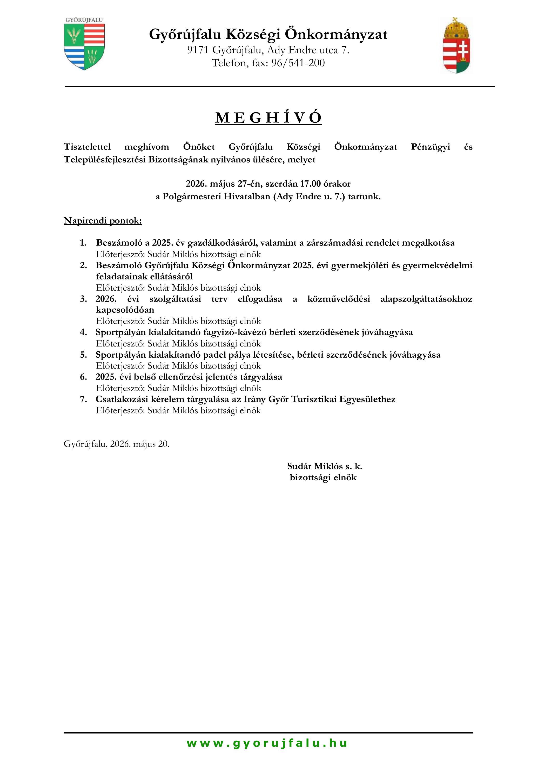 Meghívó Pénzügyi Bizottság