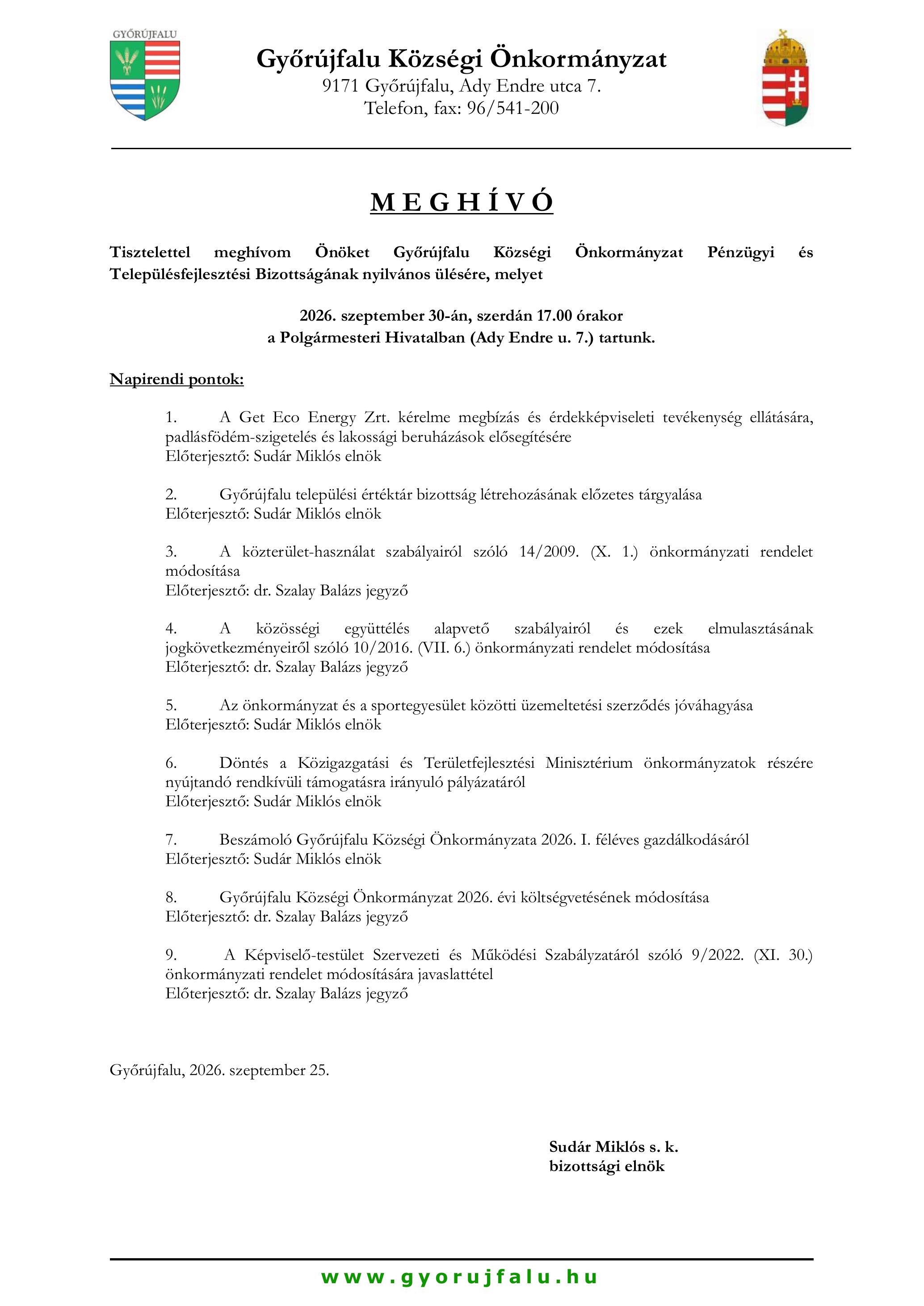Meghívó Pénzügyi Bizottság 1