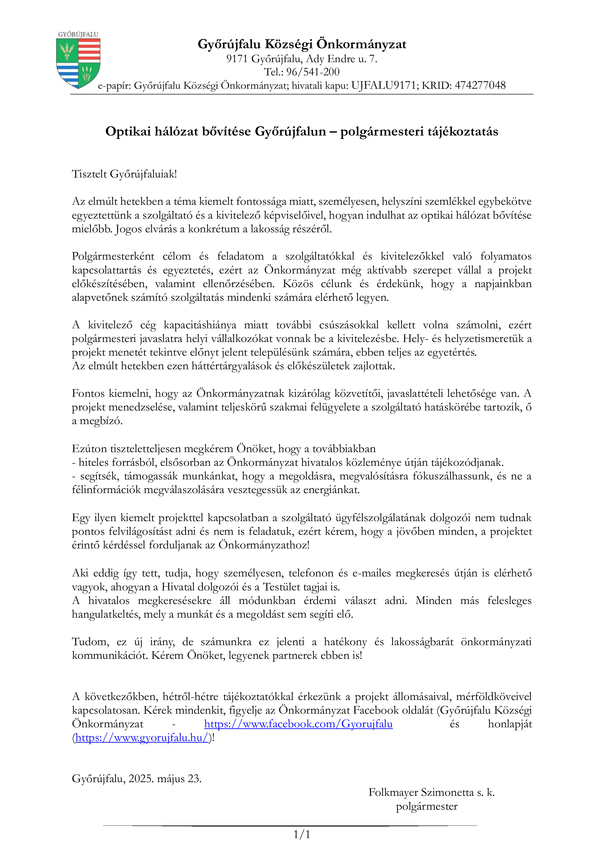 Optikai hálózat bővítése Győrújfalu polgármesteri tájékoztatás