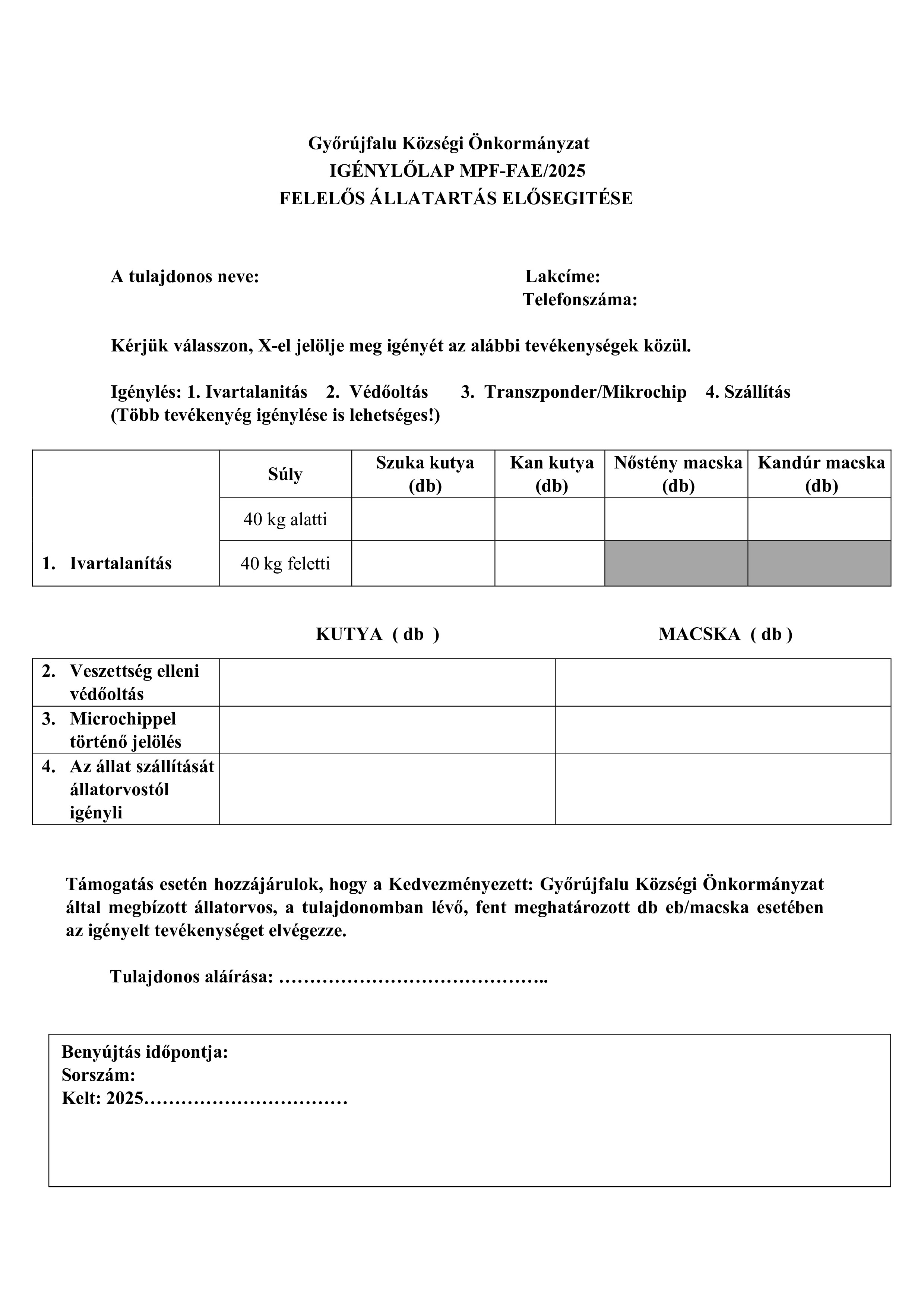 Tulajdonosi Igényfelmérő lap MFP FÁE 2025 FELELŐS ÁLLATARTÁS ELŐSEGITÉSE pályázathoz 001
