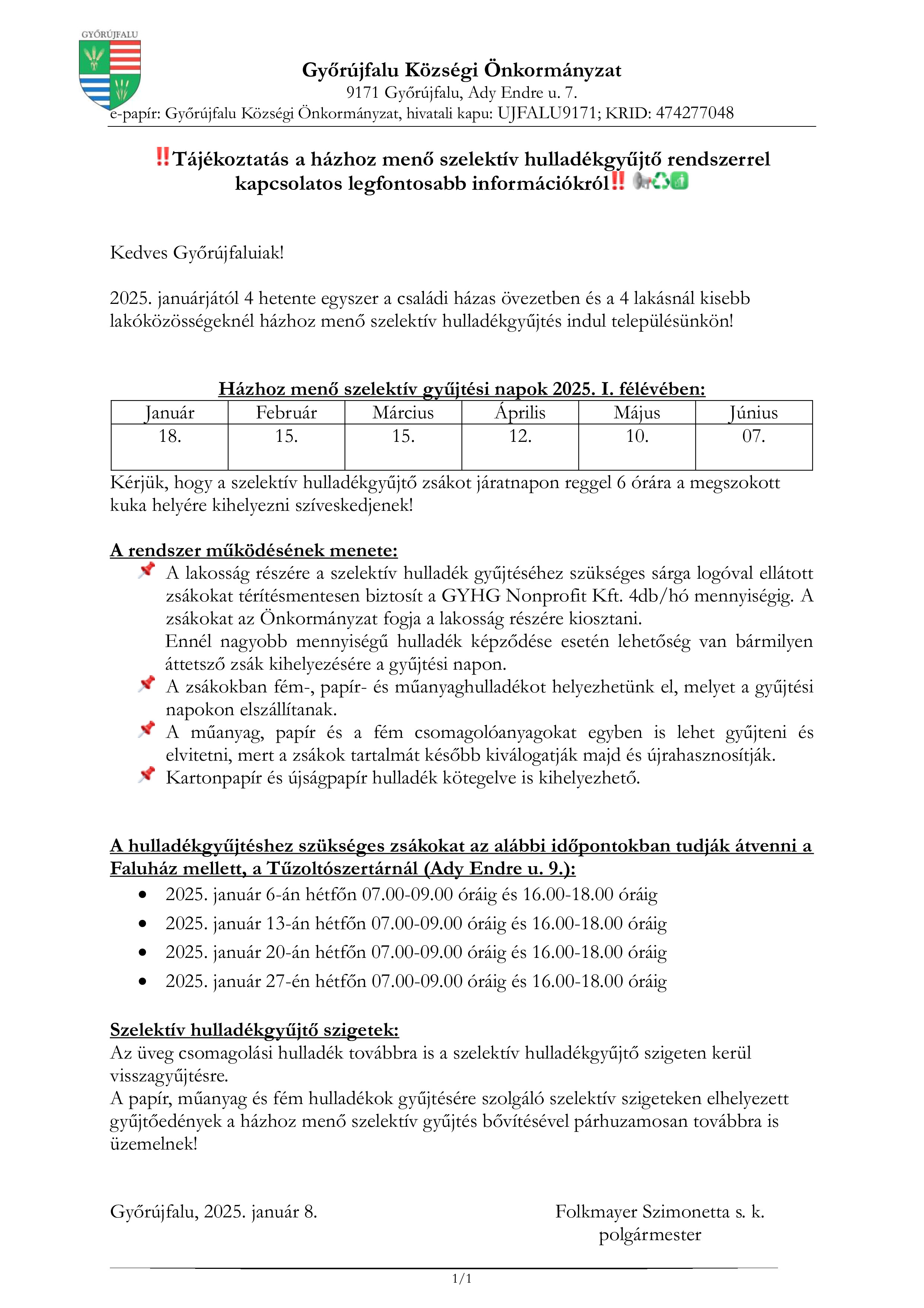 Tájékoztatás a házhoz menő szelektív hulladékgyűjtő rendszerrel kapcsolatos legfontosabb információkról