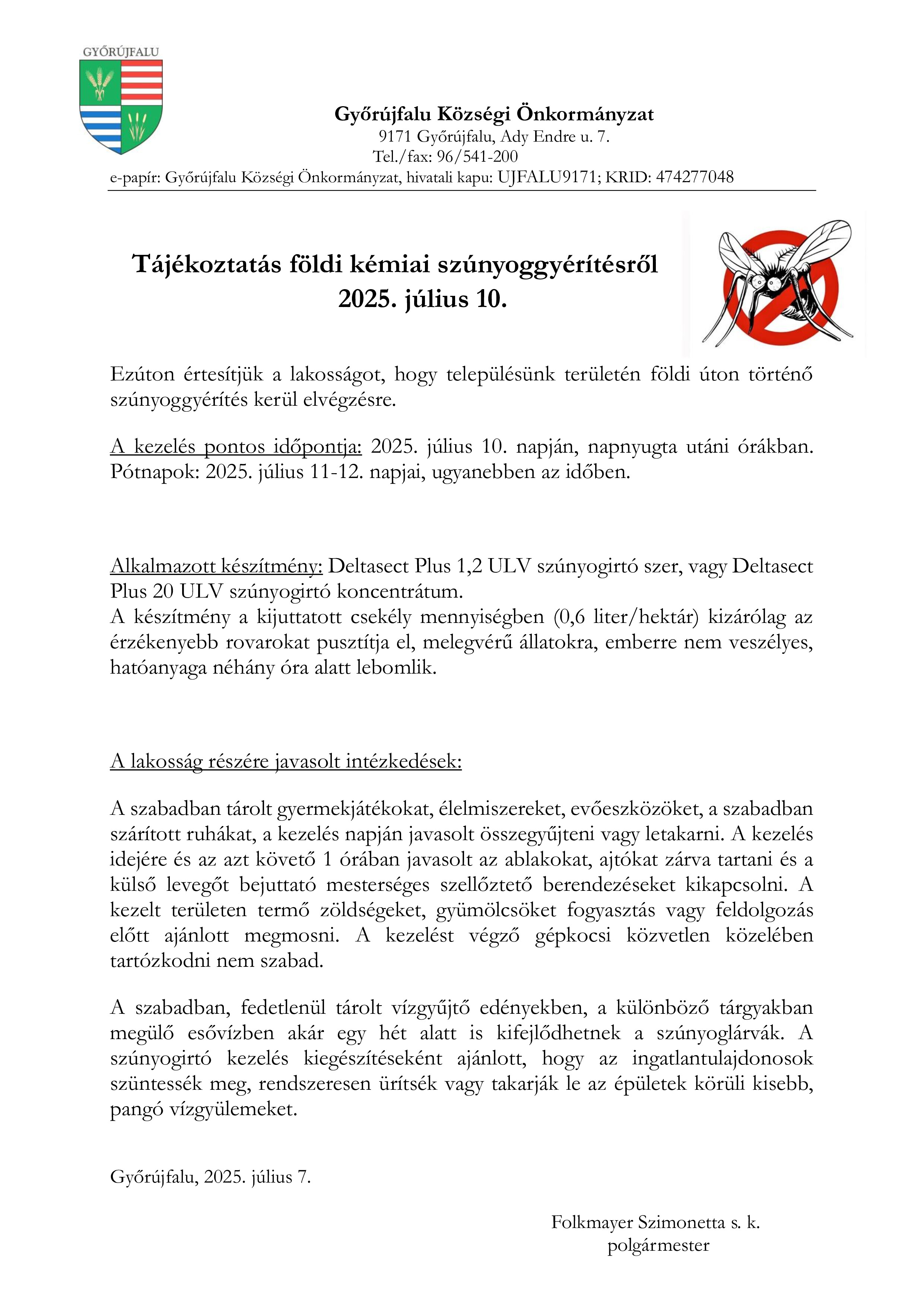 Tájékoztatás földi kémiai szúnyoggyérítésről 2025