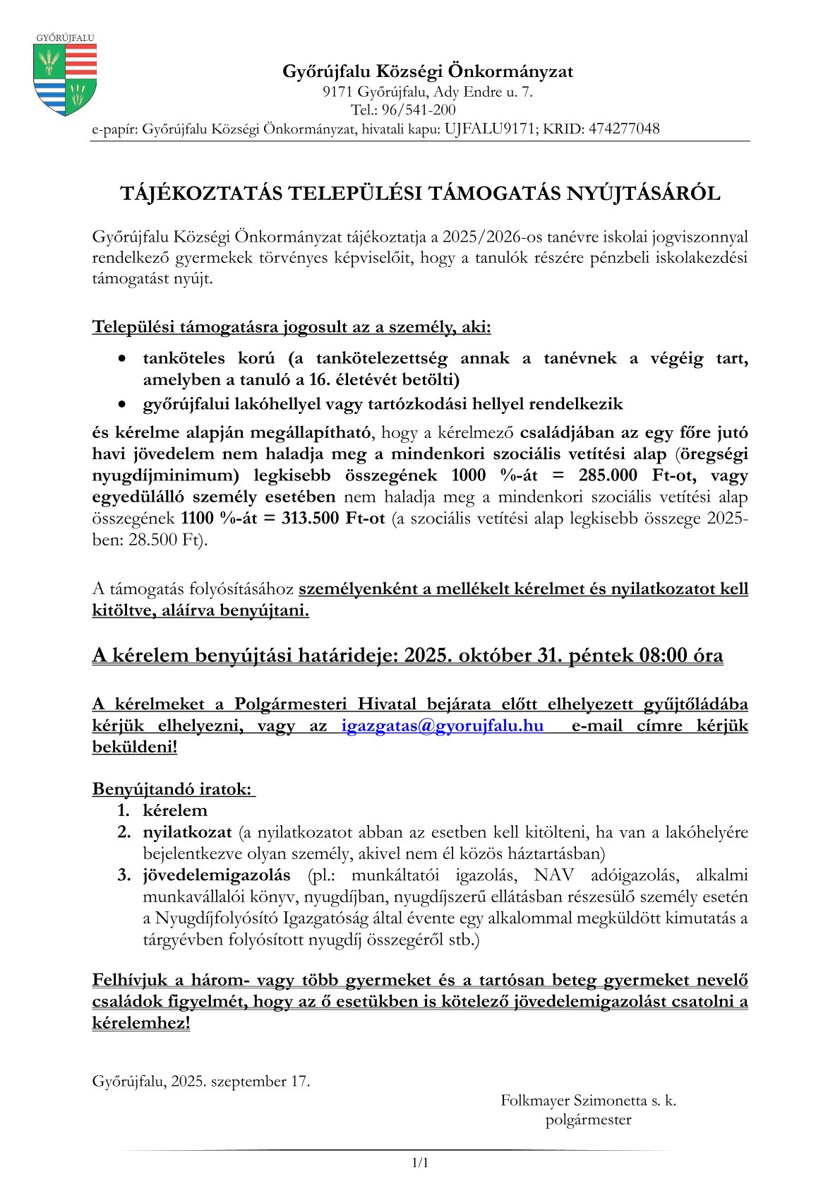 Tájékoztatás rendkívüli települési támogatás nyújtásáról gyerekek 2025jpg