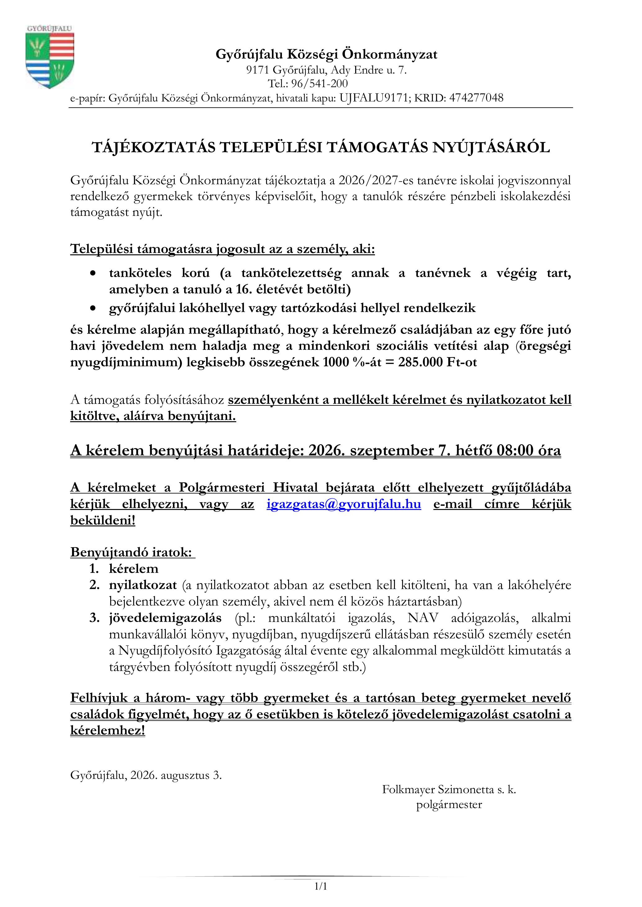 Tájékoztatás rendkívüli települési támogatás nyújtásáról gyerekek 2026