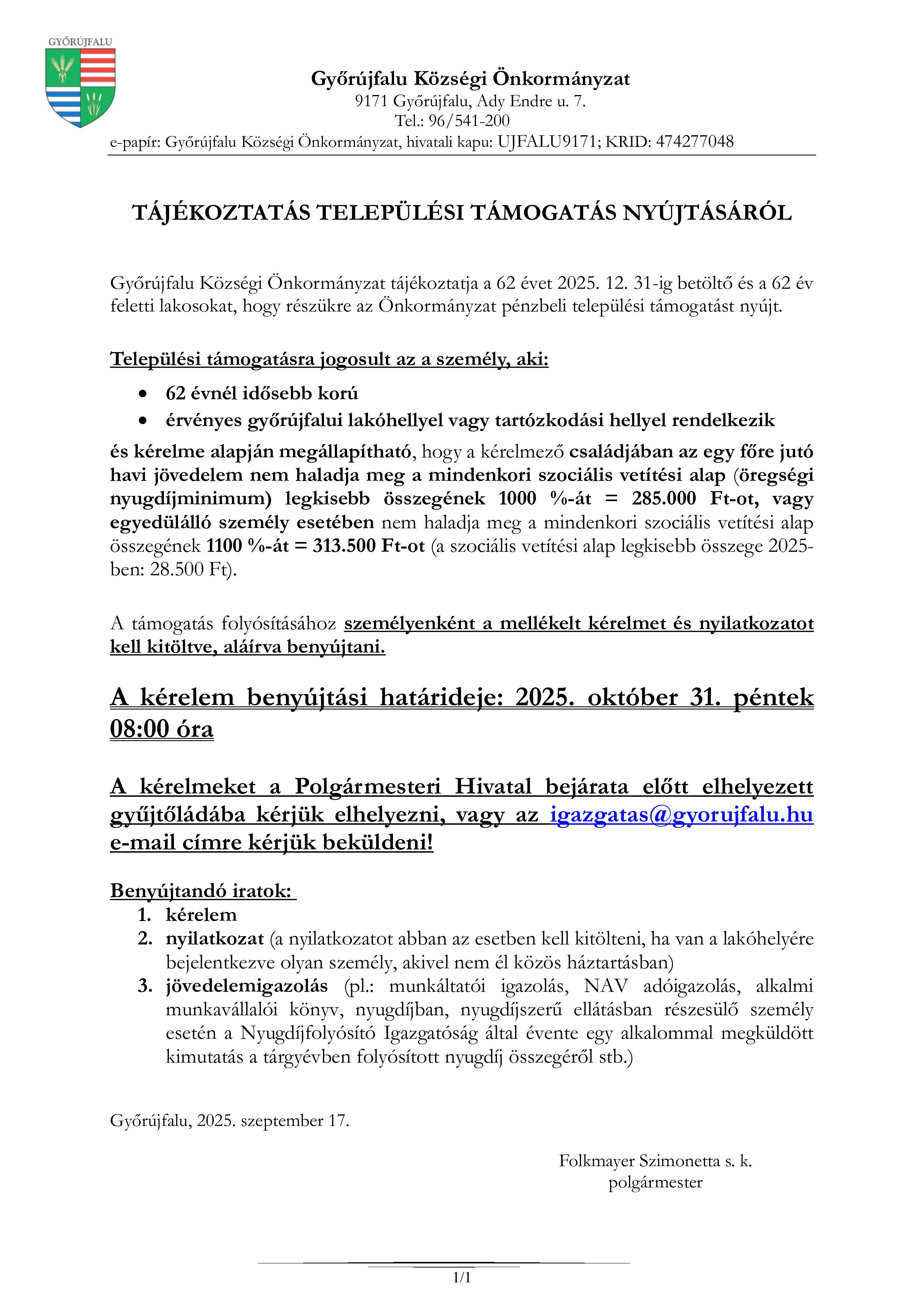 Tájékoztatás rendkívüli települési támogatás nyújtásáról nyugdíjasok 20251
