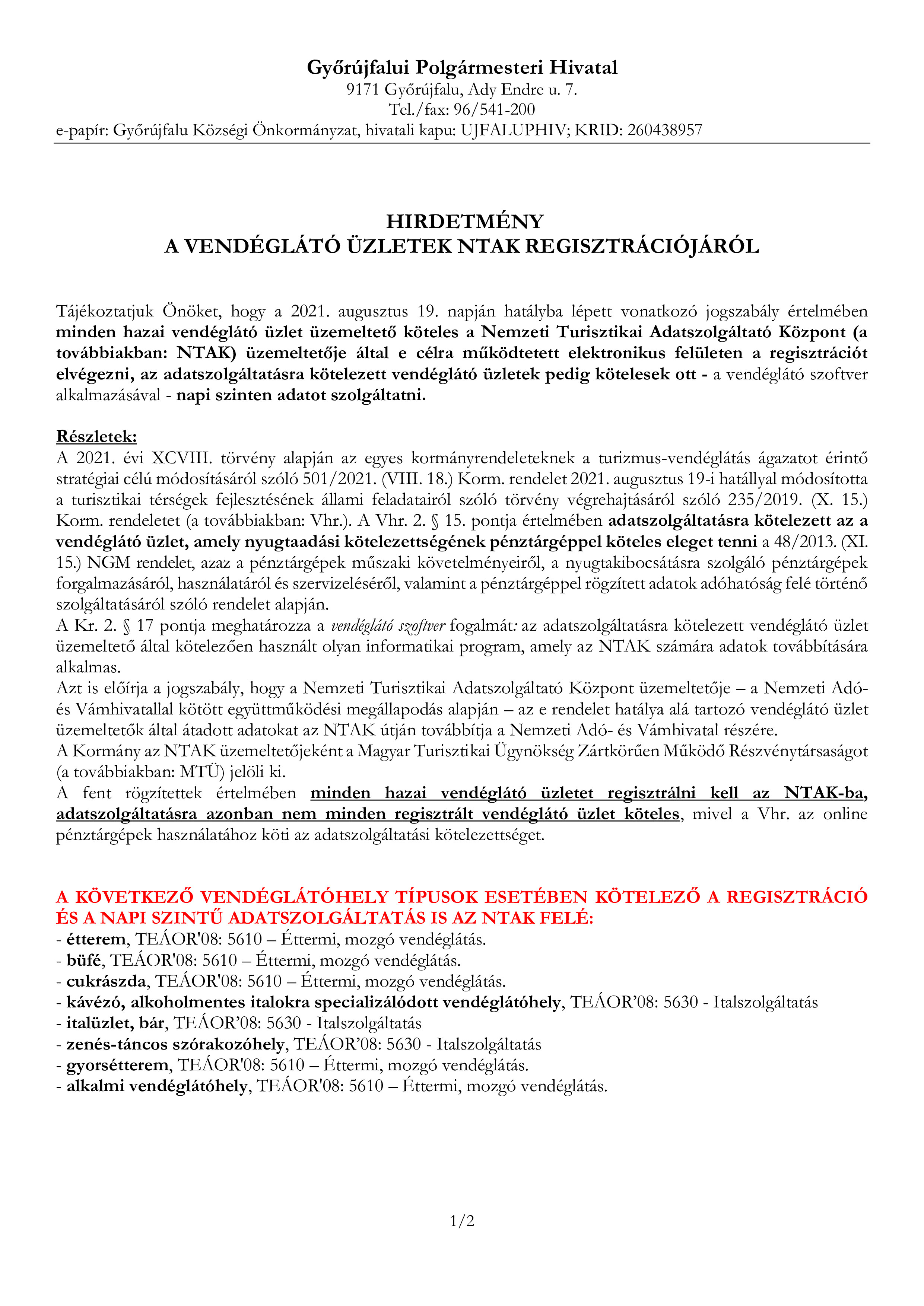 Tájékoztatás vendéglátók NTAK regisztrációs és adatszolgáltatási kötelezettéségről 001