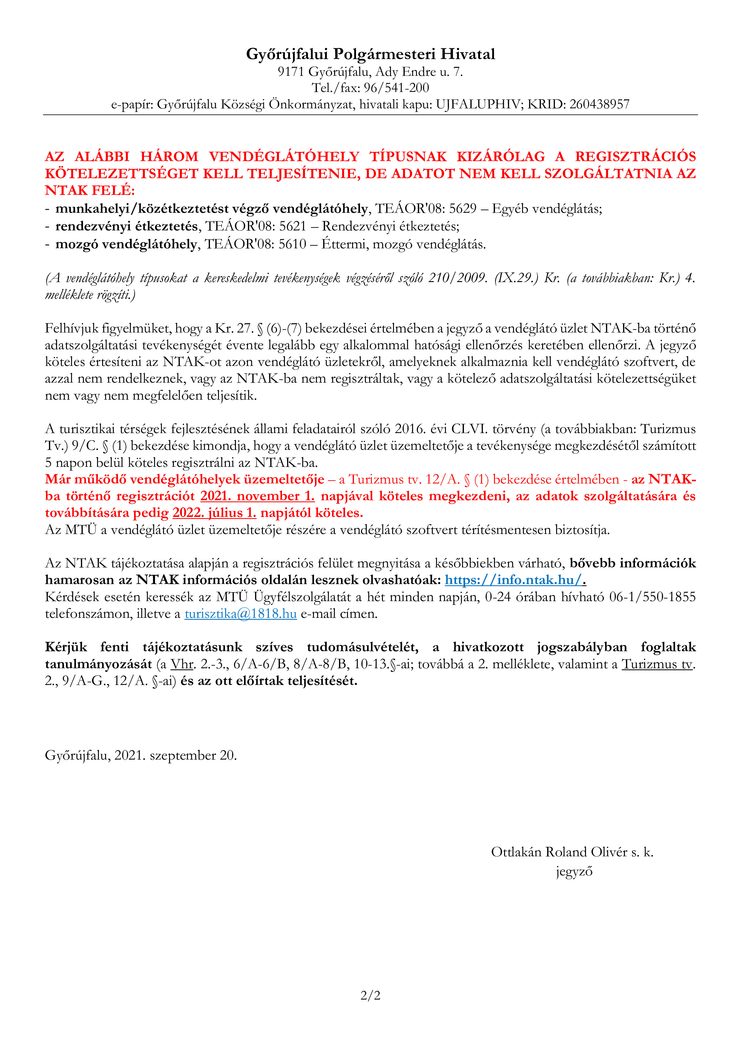 Tájékoztatás vendéglátók NTAK regisztrációs és adatszolgáltatási kötelezettéségről 002